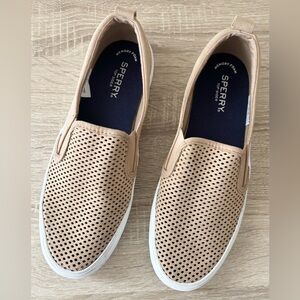Sperry Tan Seaside Perforated Suede Leather Slip on Cushioned Sneakers